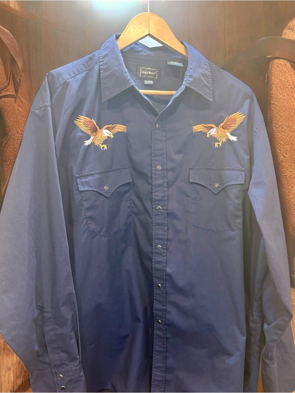 Vintage Navy Button-Down Shirt with Eagle Embroidery XL